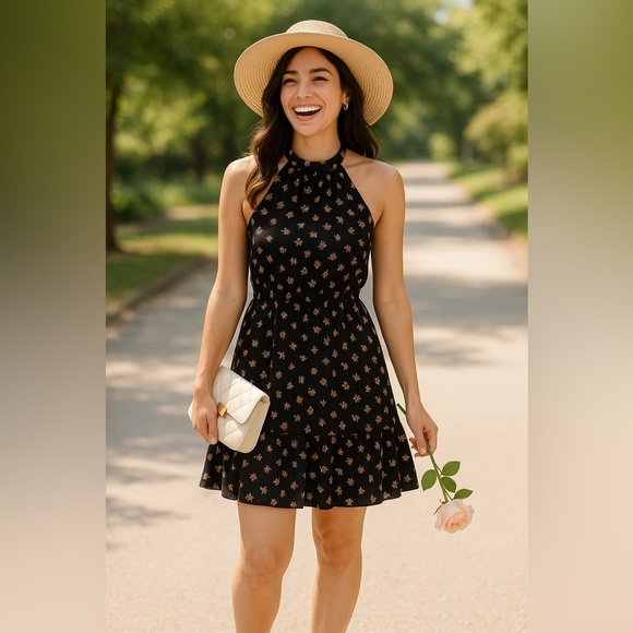 Aritzia Wilfred XXS Black Floral Halter Mini Dress Fairycore Coquette Chic Aline - Picture 2 of 10